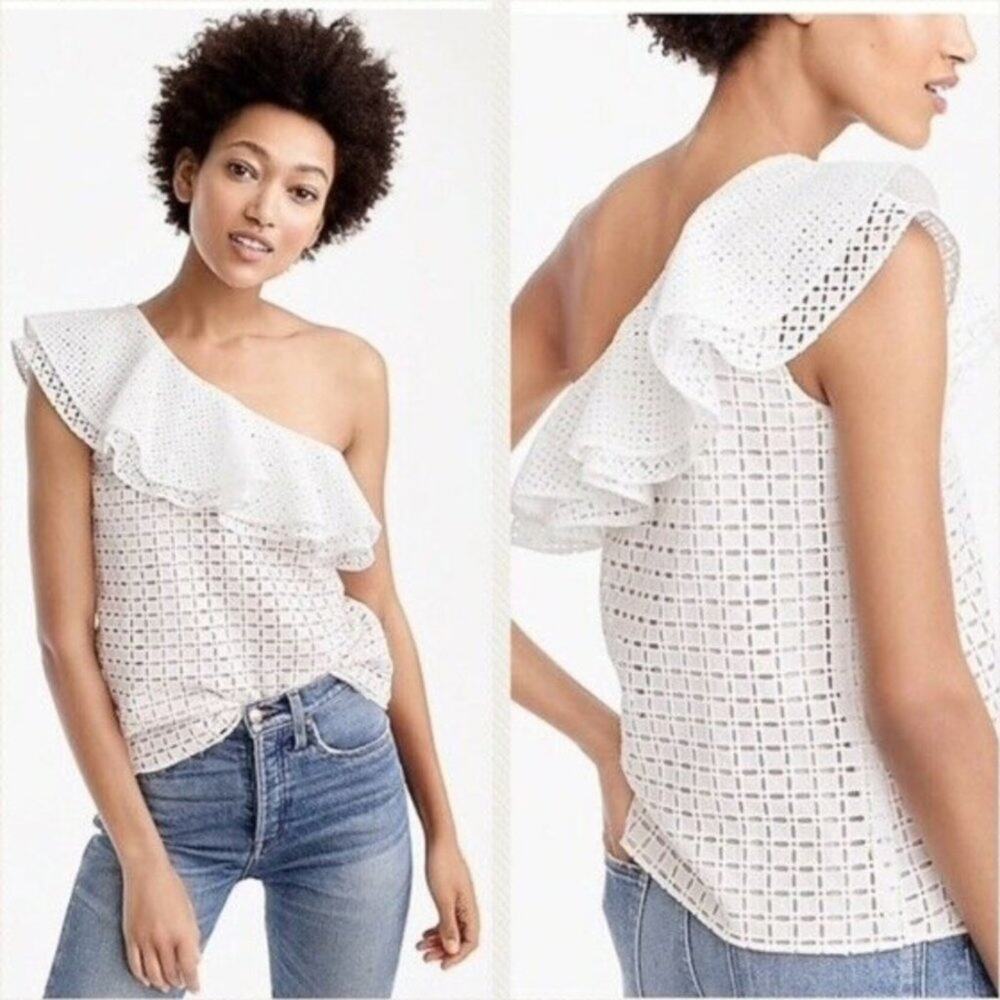 J. Crew White Eyelet One-Shoulder Ruffle Blouse